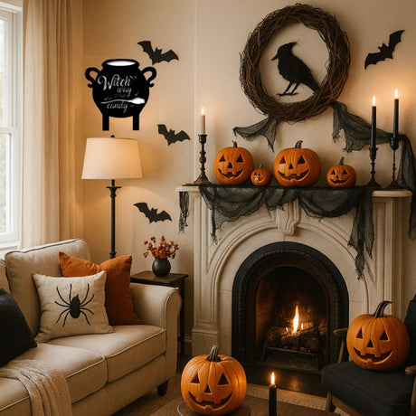 witch cauldron wooden wall hang black silhouette on the wall