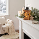 wood lantern fireplace scene