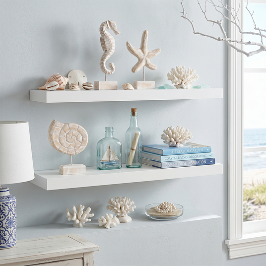 wood seahorse and starfish on white wall shelves