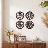 wood wall decor above console with photos and flowers