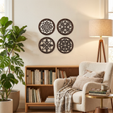 wood wall decor above light wood bookshelf