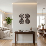 wood wall decor above modern entryway console