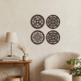 wood wall decor above side table with lamp