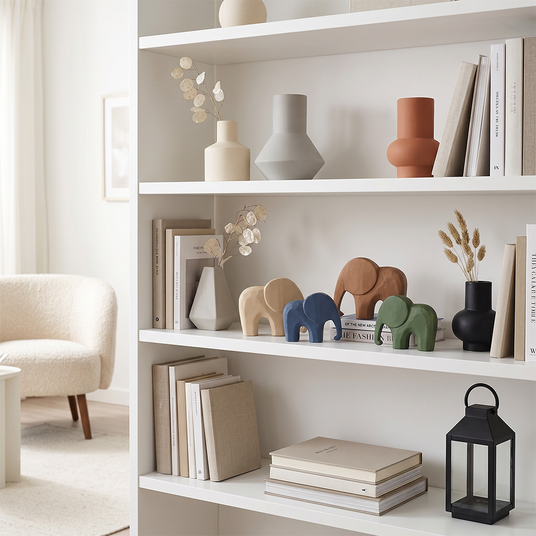 wooden elephants on white shelf with vases