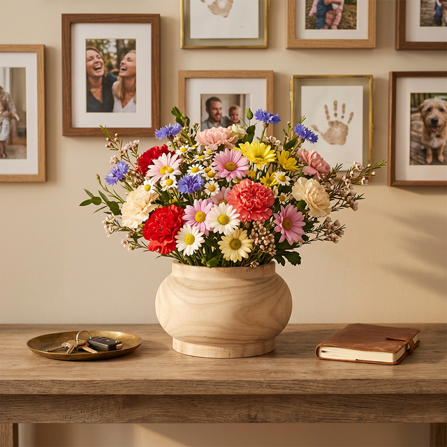 wooden vase with florals on family photo console