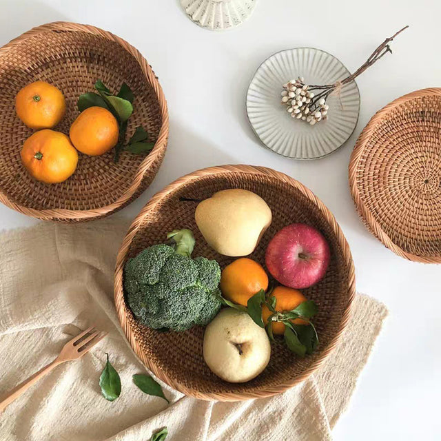 woven rattan brown round 3 piece storage basket hold fruits and vegetables