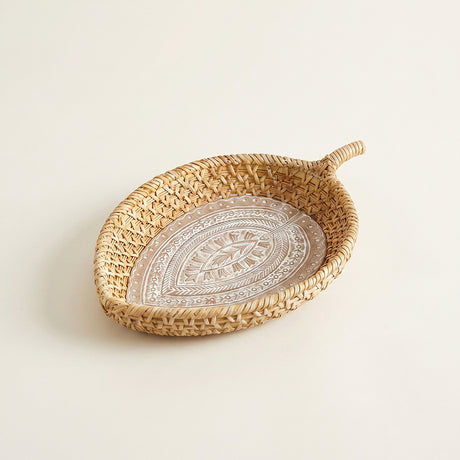 woven rattan oval tray with carved base