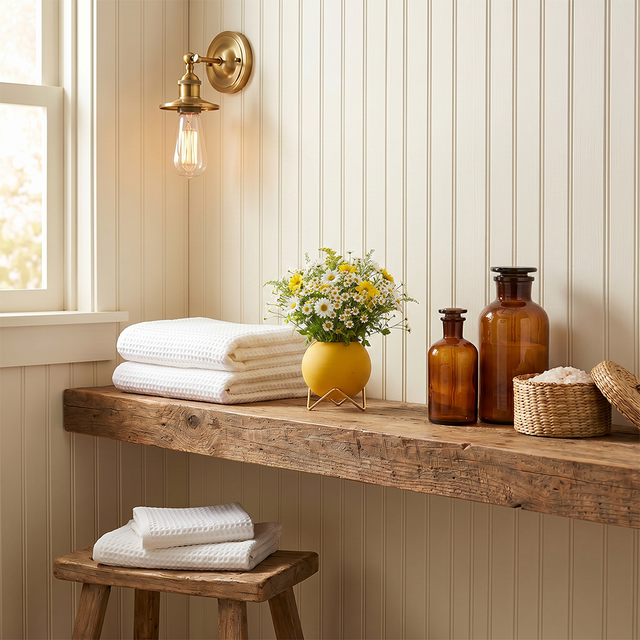 yellow spherical vase with daisies on wooden shelf