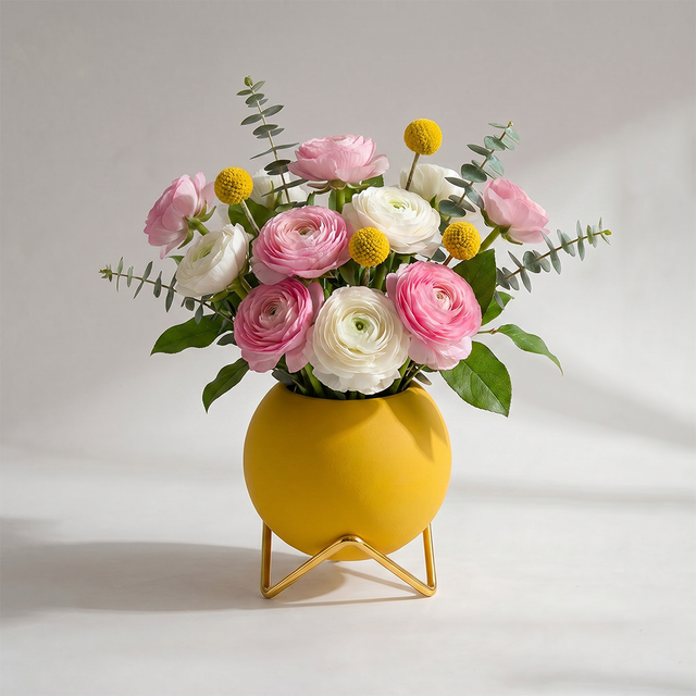 yellow spherical vase with pink flowers on white