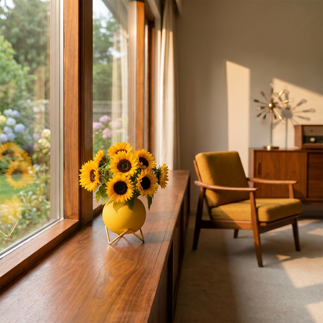yellow spherical vase with sunflowers on windowsill